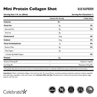 Etykieta wartości odżywczych dla Mini Białko Collagen Shot o smaku blue raspberry, zawierająca wielkość porcji, kalorie i składniki.